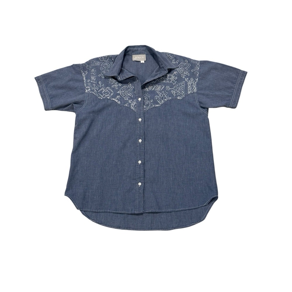 Vintage Joyce Blue Western Yoke Blouse Short‎ Sleeve Button Down Shirt Size 10